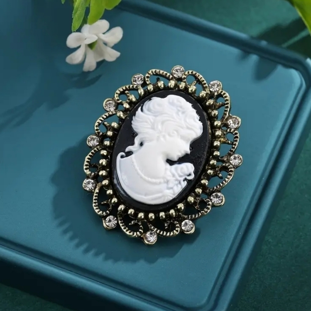 Vintage White, Black And Silver Cameo Brooch
